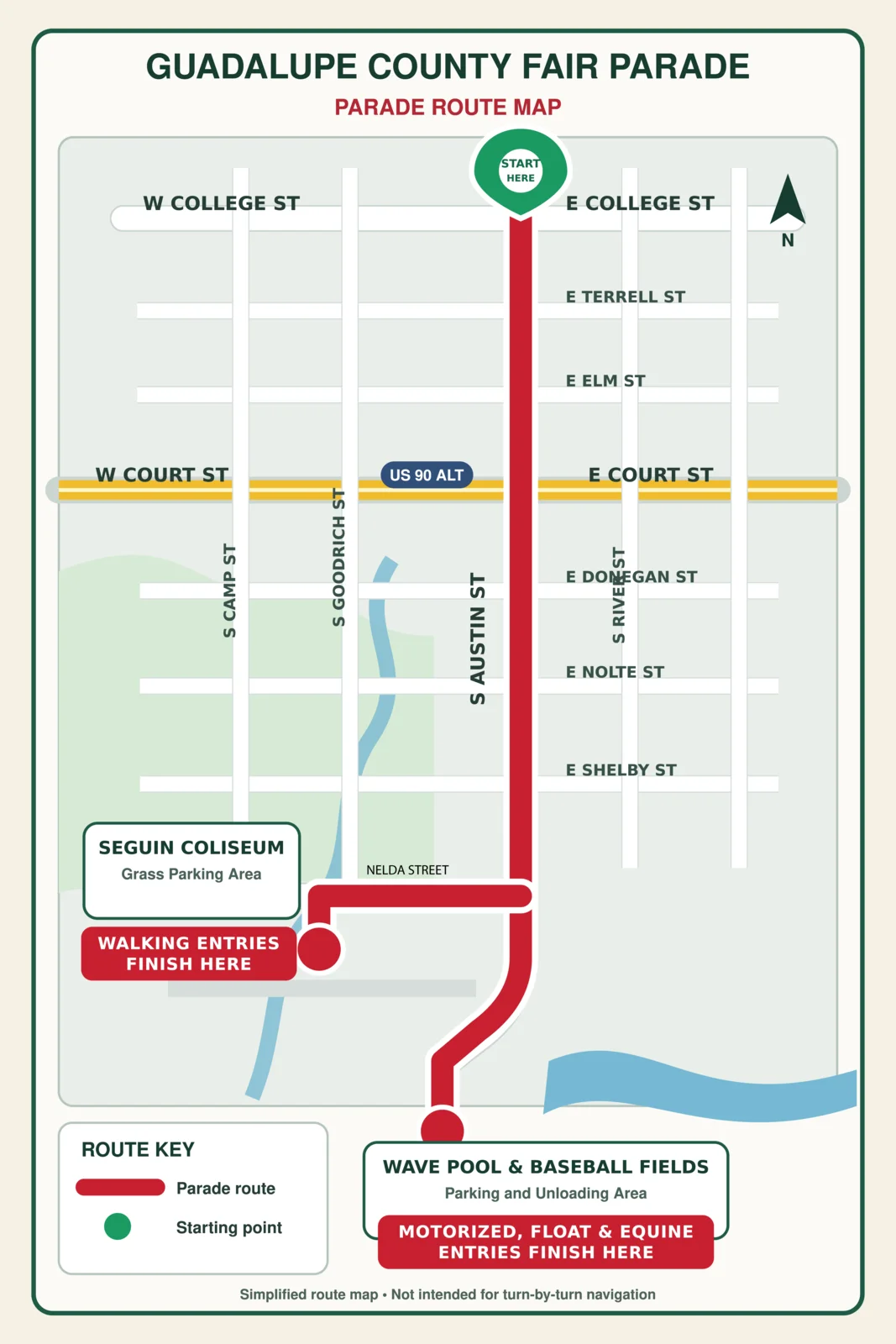 Map of the 2026 Guadalupe County Fair Parade route through downtown Seguin